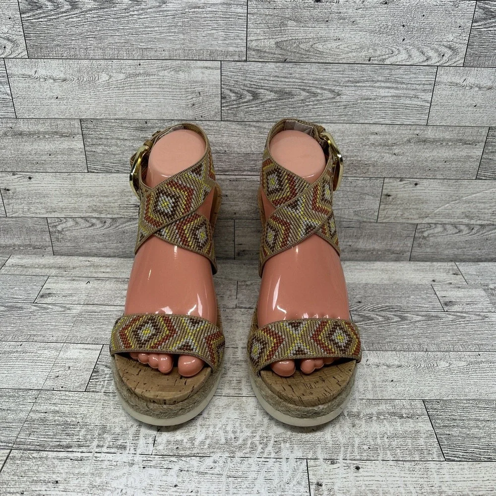 WHITE MOUNTAIN Womens Pearl Espadrille Wedge Sandal Shoe Tan Brown Aztec 8.5M